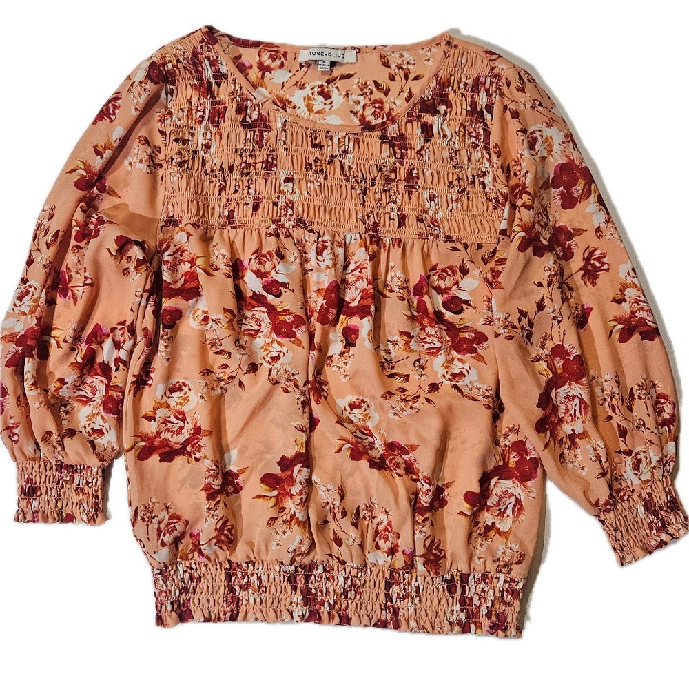 Rose + Olive Blouse Womens Medium Orange Floral Smocked Long‎ Sleeve Boho Top